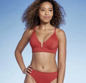 Shade & Shore V-wire Ribbed Padded Bikini Top size 34D - Red - NEW - Picture 1 of 6