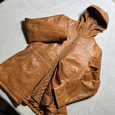 Chaqueta con Capucha de Cuero Pesado De Colección Hombres Pequeños Wilsons Con Capucha Edredón Línea Marrón Foto 1 de 4