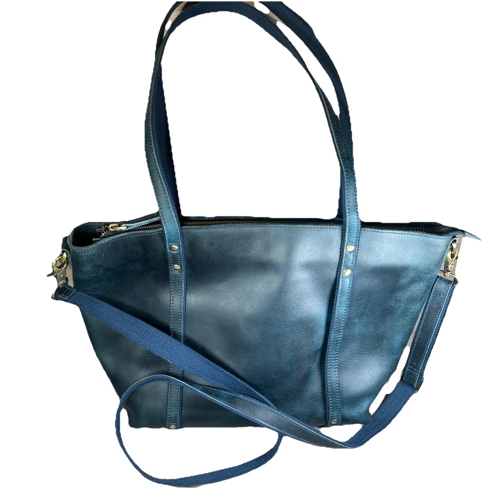 S-Zone Leather Work Laptop Travel Tote Bag Blue Top Zipper w Trolley Strap - Image 1 of 4