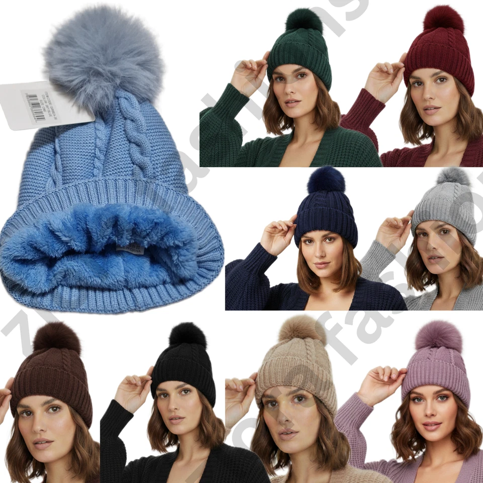 ROYAL STALLION Women’s Winter Fleece Lined Pom Pom Beanie Hat | Warm Knitted Thermal Ski Cap