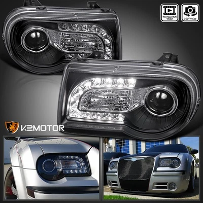 Black Fits 2005-2010 Chrysler 300C LED Strip Projector Headlights Left+Right - Image 1 of 4