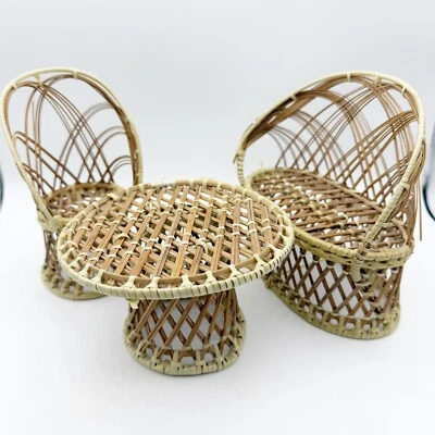 Vintage Wicker Rattan Loveseat Chair Table For Dolls And Plants - Photo 1/3