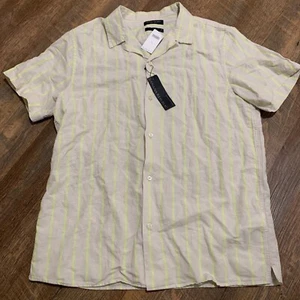 NEW Banana Republic Shirt Men L Short Sleeve Linen Cotton Slim Fit Yellow Stripe - Picture 1 of 9