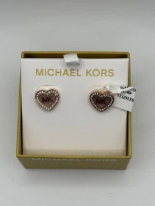 MICHAEL KORS RoseGold Tone Pave Crystals Heart MK Logo Stud Earrings~New In Box! - Picture 1 of 3