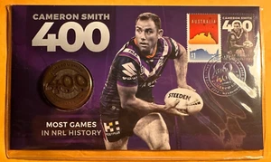 Melbourne Storm Most Games 2019 NRL Cameron Smith 400 medallón cubierta de sello PNC - Imagen 1 de 2