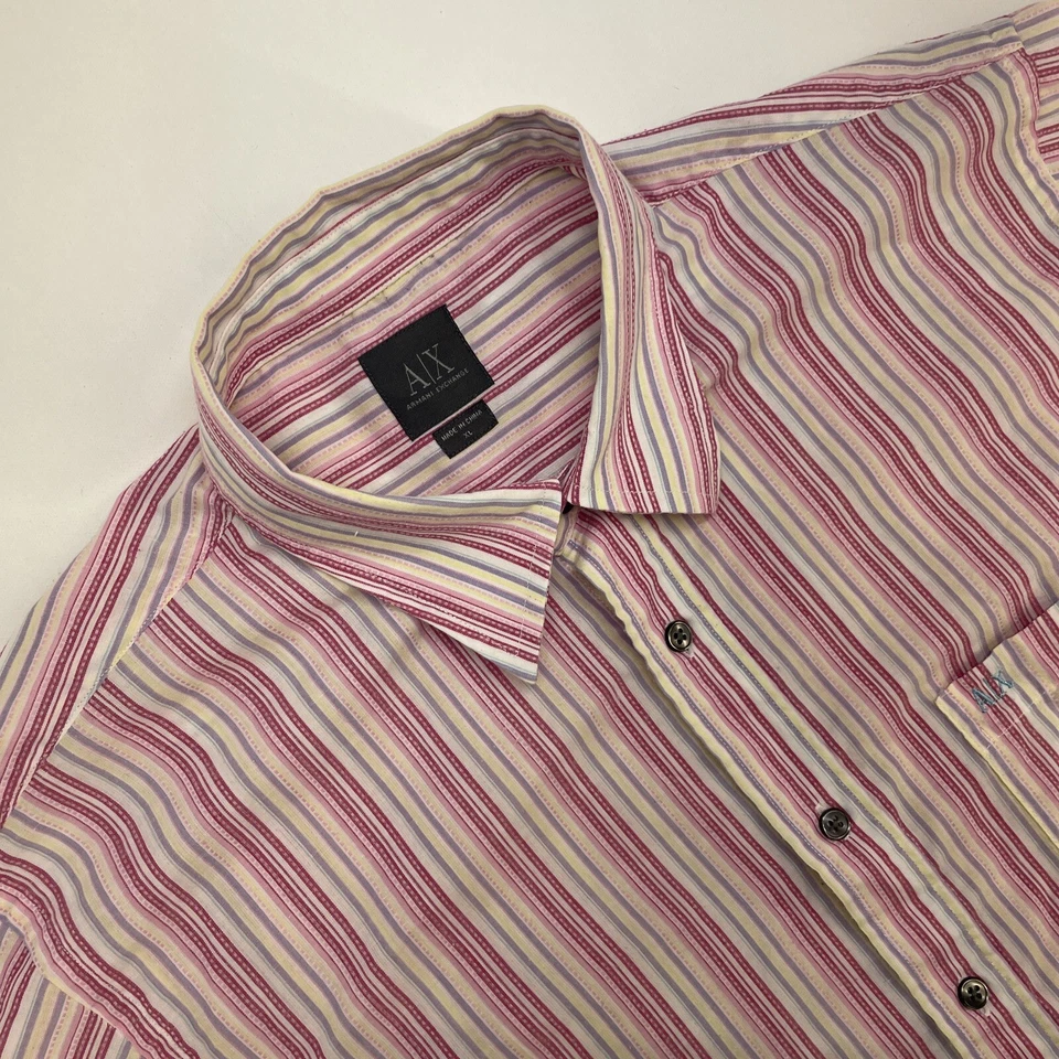 A X Armani Exchange Button Up Short Sleeve Men’s XL Pink/yellow/purple Striped - Image 1 of 4