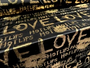 Metallic Stretch Spandex Jersey Fabric, Per Metre- Hot Lips Print - Black & Gold - Picture 1 of 3