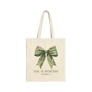 She Is Worthy Cotton Canvas Tote Bag, Inspirational Gift, Shopping Bag, - Picture 1 of 5