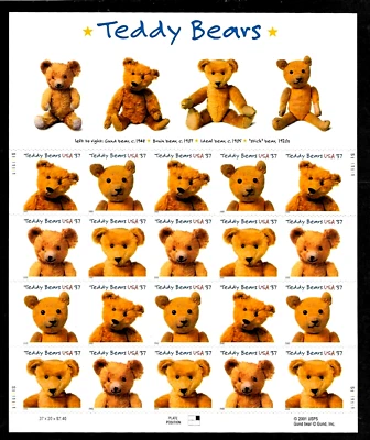 TEDDY BEARS US #3653-3656 BRUIN STICK GUND & IDEAL 2002 MXF 37c SHEET 20 STAMPS - Image 1 of 2