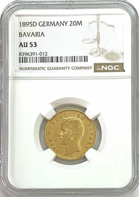 1895 D GOLD BAVARIA GERMANY 20 MARK KING OTTO COIN NGC ABOUT UNC 53 - Image 1 of 2