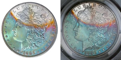 1886-P PCGS MS63 CAC MORGAN $ IMPRESIONANTE PQ VIBRANTE TONIFICACIÓN ARCO IRIS (VIDEO) ** Foto 1 de 4