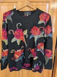 Vintage Peruvian Connection Art To Wear Floral Intarsia Alpaca Knit Sweater L - Picture 1 of 16