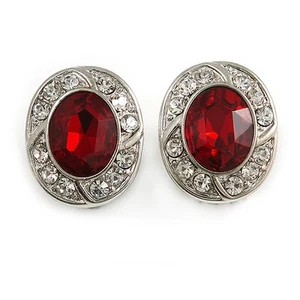 17mm/ Oval Crystal Clip-on Earrings In Silver Tone/ Ruby Red/ Clear - Picture 1 of 4
