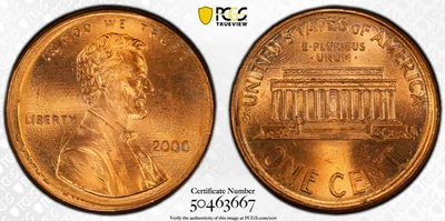 2000 P Rotated D/S in Collar Misaligned Observe Die Error Cent PCGS MS 65 RD - Image 1 of 4