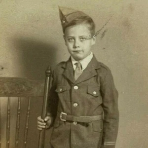 Boy In Army Uniform Hat Military B&W Photograph Snapshot 3 x 3.5 - Picture 1 of 3