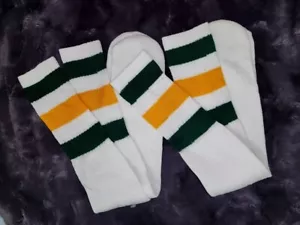 VTG 80's 2 Thick Stripe Tube Socks 23" long Standard Size Green Yellow White NOS - Picture 1 of 8