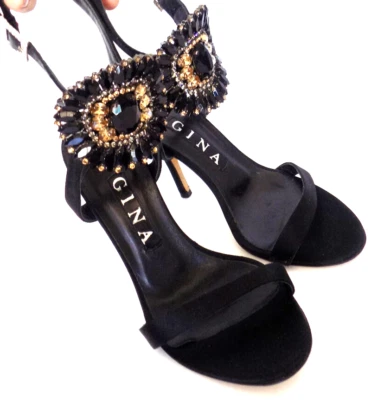 size 7 GINA black satin beaded Swarovski crystals Slingback sandals heels - Image 1 of 4