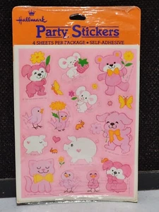 1983 NEW VINTAGE Hallmark 4 Sheet Party Stickers PINK ANIMALS PIG BIRDS MICE DOG - Picture 1 of 2