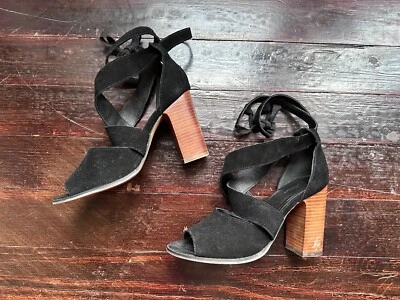 Urban Outfitters UO black suede wood block heel ankle tie lace up sandals 8 90s - Image 1 of 4