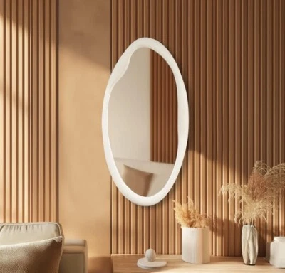 Asymmetrical Wall Mirror-Felt Fabric Padded Wavy Ivory 20x38.5” Explosion Proof - Image 1 of 4