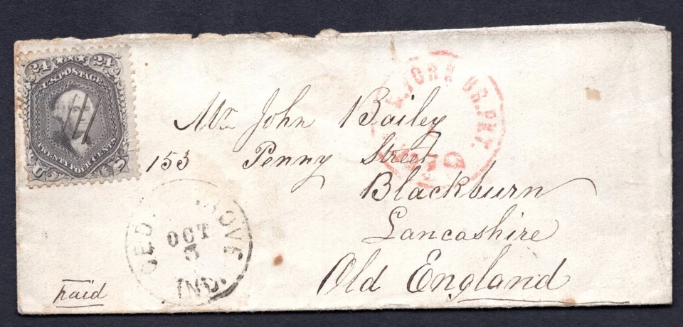 US 1862 UK 24 CENTS GEORGE WASHINGTON SCOTT #70d ON PALE GRAY VIOLET TIED - Image 1 of 2