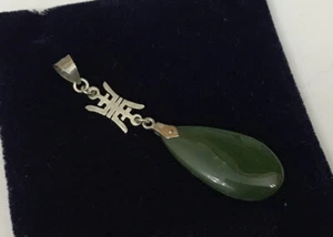 Sterling Silver 925 Jade Jadeite Chinese Teardrop Pear Drop Pendant Necklace M22 - Picture 1 of 9