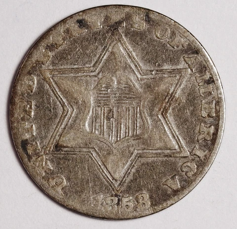 1858 Three Cent Silver.  Natural Uncleaned.  VF-XF.  159910 Cover