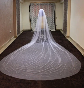bridal veil with scattered pearls veil long length free ship - Picture 1 of 11