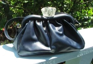RARE 1940s DARK BLUE/BLACK VEGAN LEATHER PURSE LARGE LUCITE DIAMOND SHAPE CLASP - Picture 1 of 15
