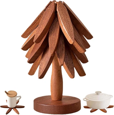 JILITSE Wooden Tree Trivets for Hot Dishes - Set of 4 with Stand, Natural Foldable