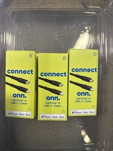 Paquete de 3 nuevos cables Connect Onn trenzados Lightning a USB-C 6' certificado MFi - Imagen 1 de 3