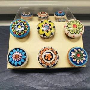 Lot of 12 Boho Chic Talavera Style Ceramic Cabinet Drawer Pull Knobs Handmade  - Picture 1 of 13