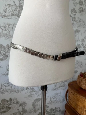 Vintage 90s Silver Coin Elastic Belt Coin Silver Buckle Black Faux Leather - Image 1 of 4