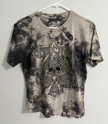 Camiseta Affliction Live Fast para mujer pedrería tie dye pequeña calavera gris pala Foto 1 de 4