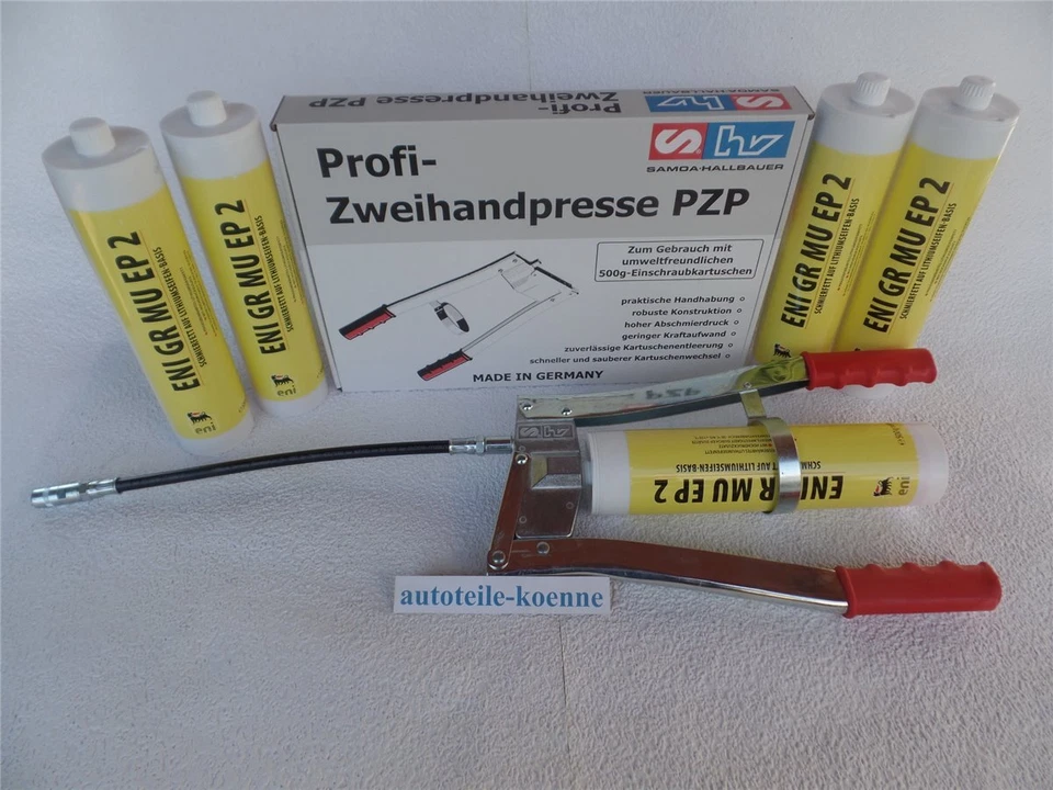 ENI+SAMOA-HALLBAUER 5x 500g ENI GR MU EP2 Schmierfett Schraubkartusche + Zweihandfettpresse