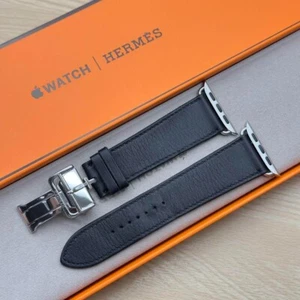 Bracelet cuir Hermès Apple Watch noir déploiement simple tour 44 mm 45 mm 46 mm 49 mm - Photo 1 sur 16