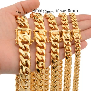 Mens Miami Cuban Link Bracelet or Chain Necklace 18k Gold Plated Stainless Steel - Picture 1 of 40