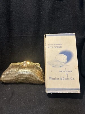 1940 Gold Mesh Clutch from Whiting & Davis 2864 stamp Made in USA W/mirror & Box - Image 1 of 4