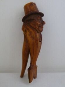 Antique Carved Wood Nutcracker Figure of a Man Wearing a Top Hat Signed EML