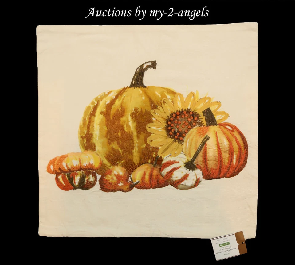 NWT Pottery Barn Thanksgiving Fall PUMPKIN SUNFLOWER Embroidered Pillow Cover! - Image 1 of 1