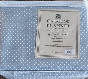 OAKRIDGE ~ 4-Piece Set ~ QUEEN Flannel Sheets ~ BLUE POLKA DOT ~ 100% Cotton - Picture 1 of 6