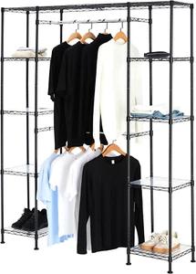 Expandable Metal Hanging Storage Organizer Rack Wardrobe with Shelves, Black, 57 - Picture 1 of 12
