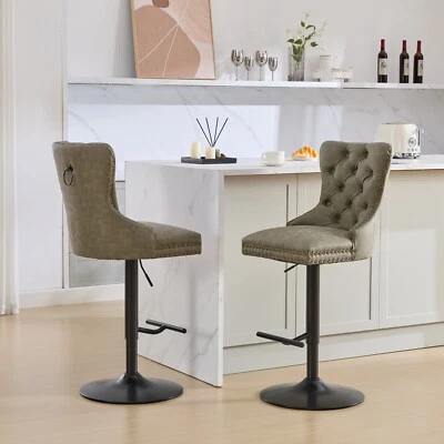 Swivel Barstools PU Upholstered Bar Stools 25-33" Height Bar Chairs Olive Green - Image 1 of 4