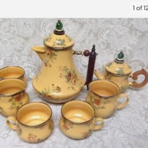 Vintage, MacKenzie Childs Mustard Yellow Floral Enamelware 9pcTea Set - Picture 1 of 12