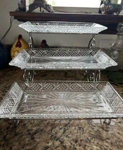 Buffet 3 Tier Glass Rectangular Trays With Chrome Stand Holder NIB  - Picture 1 of 5