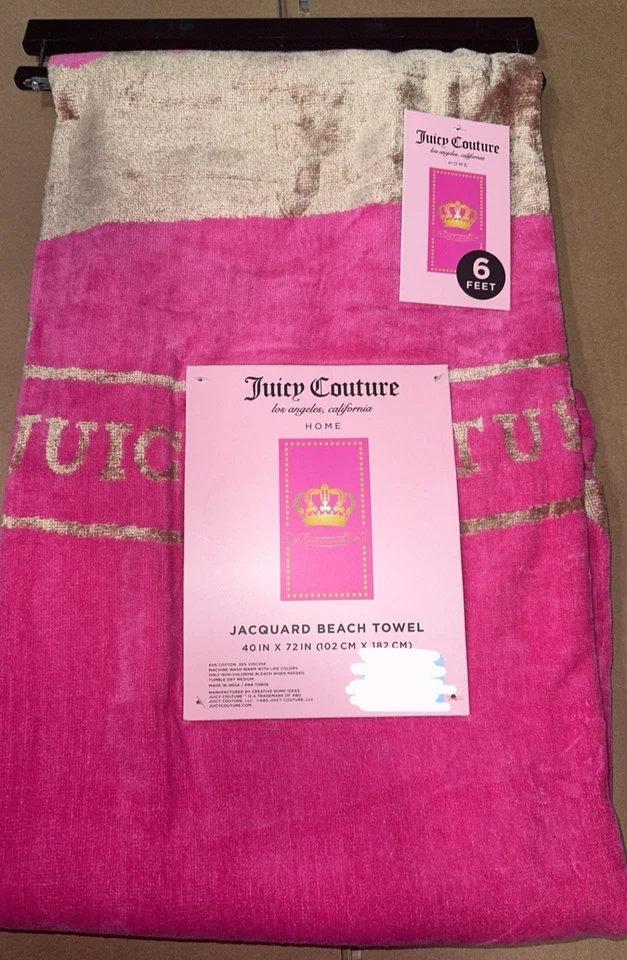 Toalla de Playa Jacquard JUICY COUTURE Corona Logo Rosa/Dorado Nueva Foto 1 de 1