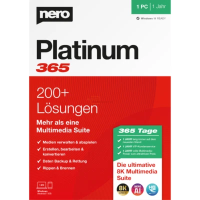 Nero Platinum 365 Download 1 PC Jahreslizenz Windows 7/8/10/11 ESD-Key per eMail - Bild 1 von 4