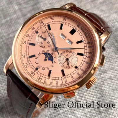 Novo relógio masculino automático gaivota multifuncional caixa ouro rosa 42 mm pulseira de couro - Imagem 1 de 4