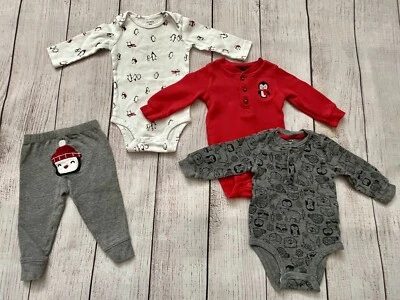 6 MONTH ~ Carters Baby Infant 4 Piece Penguin Set ~ 3 Winter Bodysuits & 1 Pants - Image 1 of 4