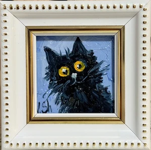 Arte firmado divertido retrato al óleo original de gato negro enmarcado animal mascota - Imagen 1 de 6